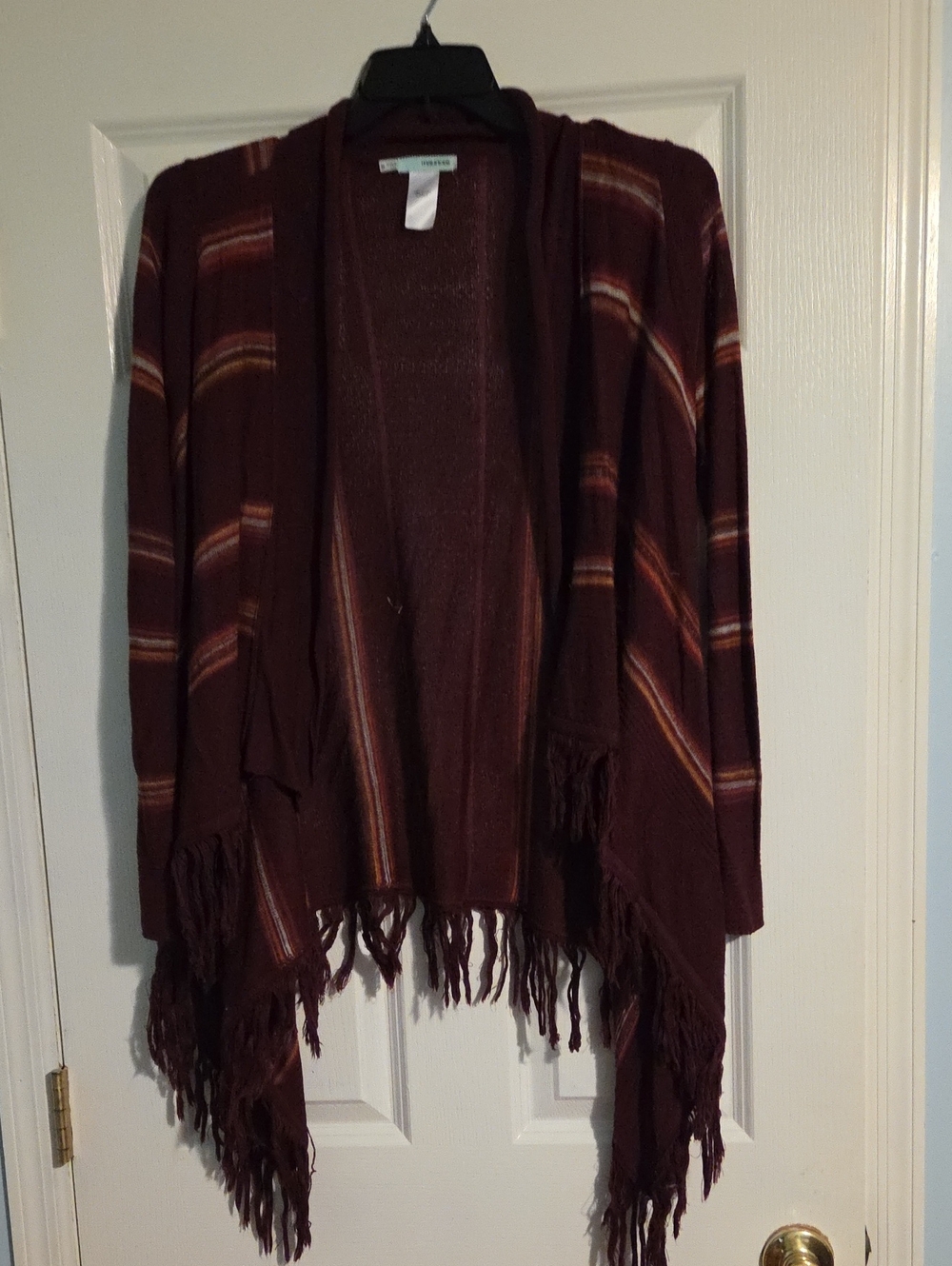 Maurices Burgundy Striped Fringe Open Cardigan